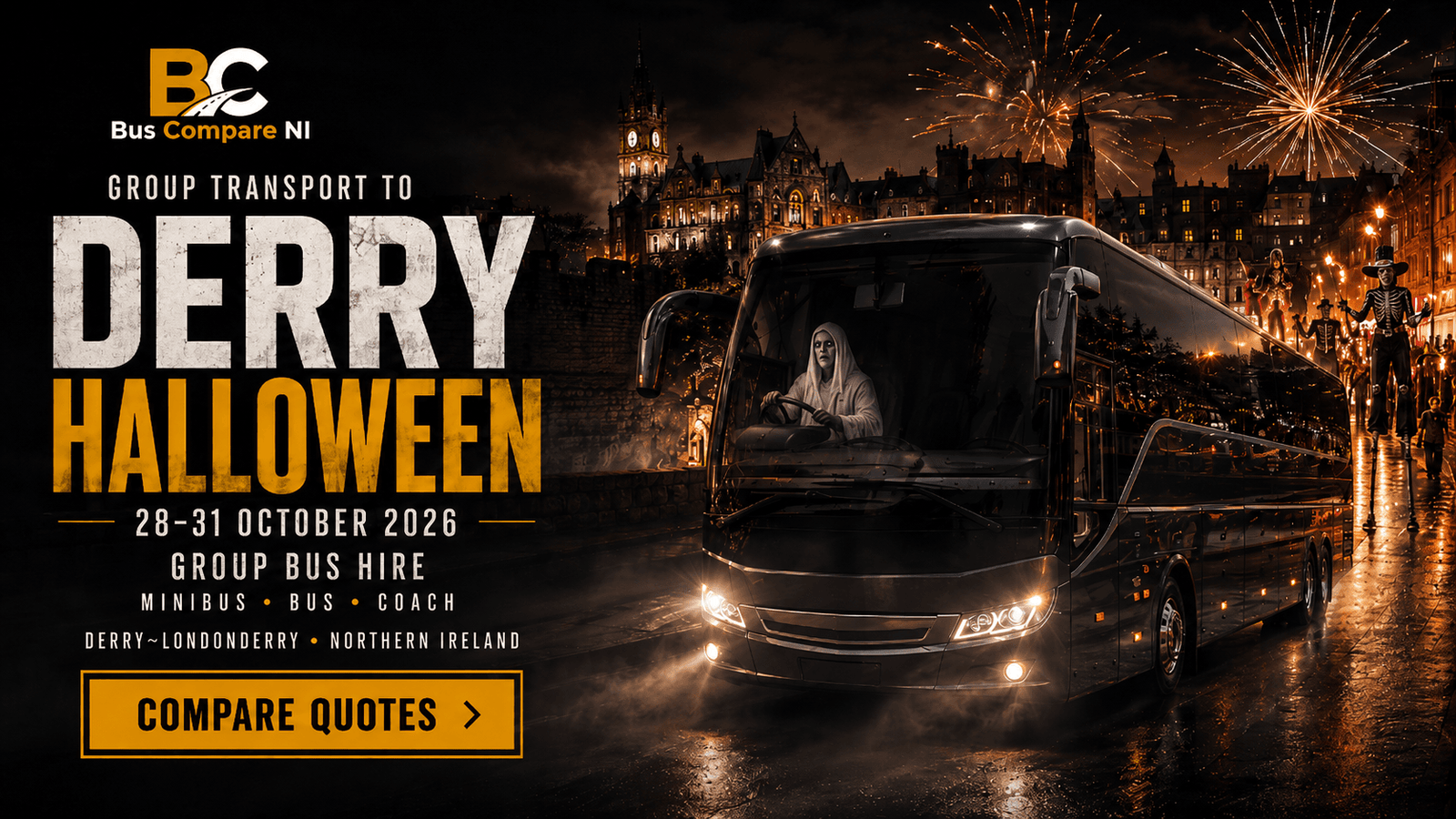 Bus hire to Derry Halloween 2026 from Belfast and Northern Ireland